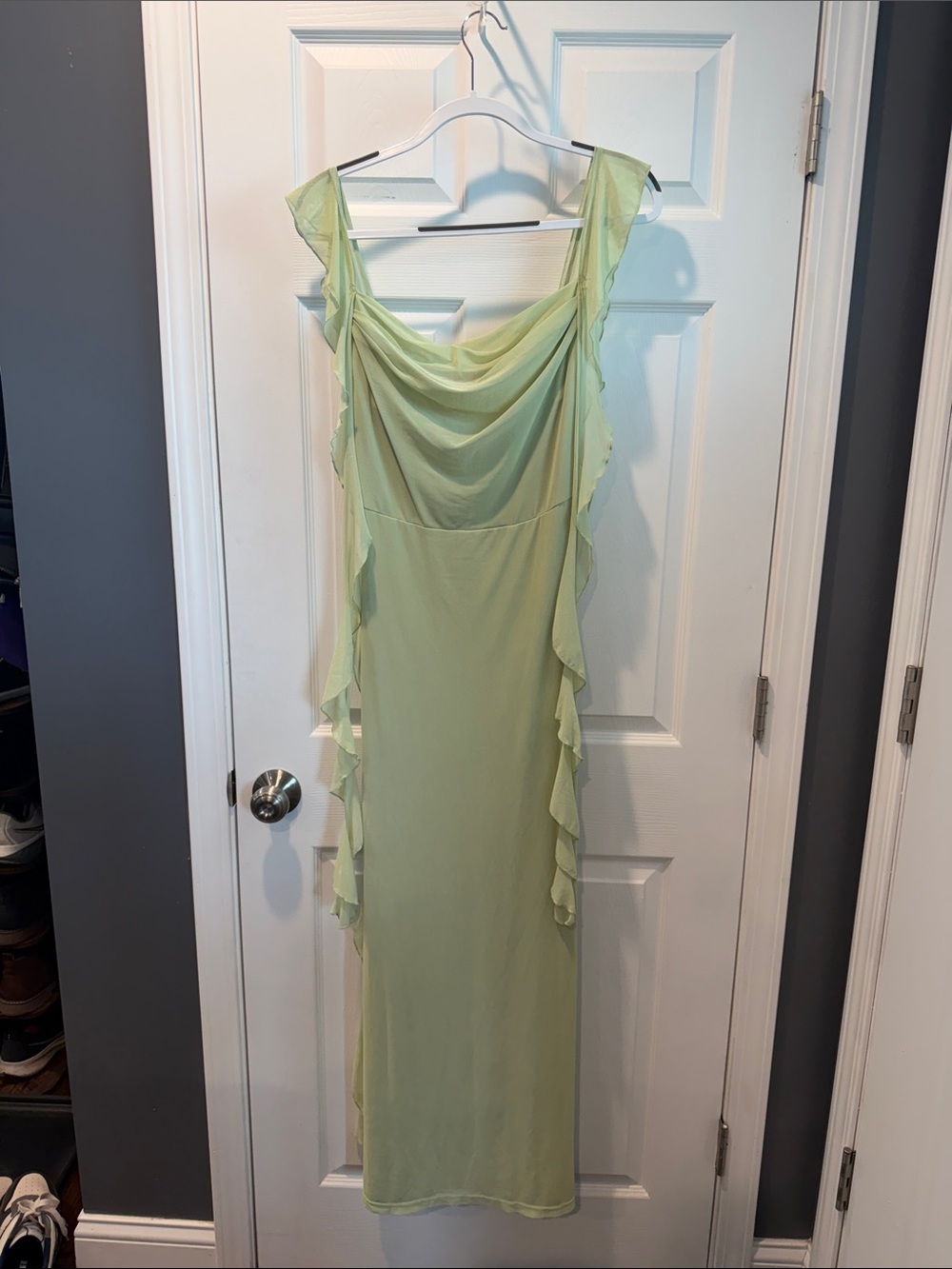 Cider Light Sage Ruffle-Trim Draped Maxi Dress